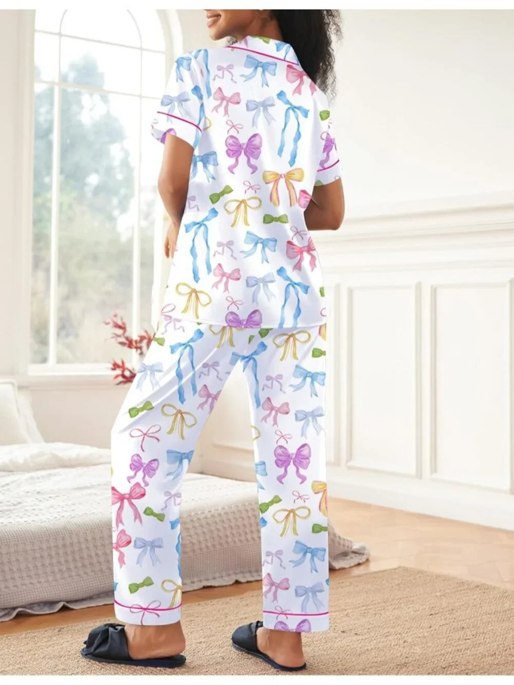 Women's Colorful Polyester Short Sleeve Button Down Loungewear Satin Pajama Set